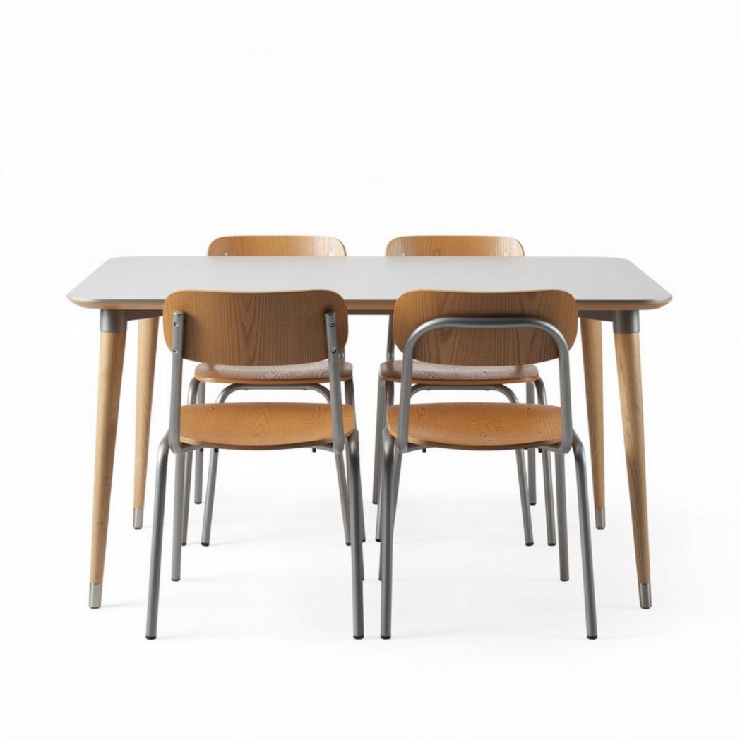Table rectangulaire en bois avec quatre chaises en métal et résine 120 x 80 x 75cm