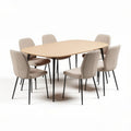 Table rectangulaire en bois avec six chaises en tissu beige 160 x 90 x 75cm