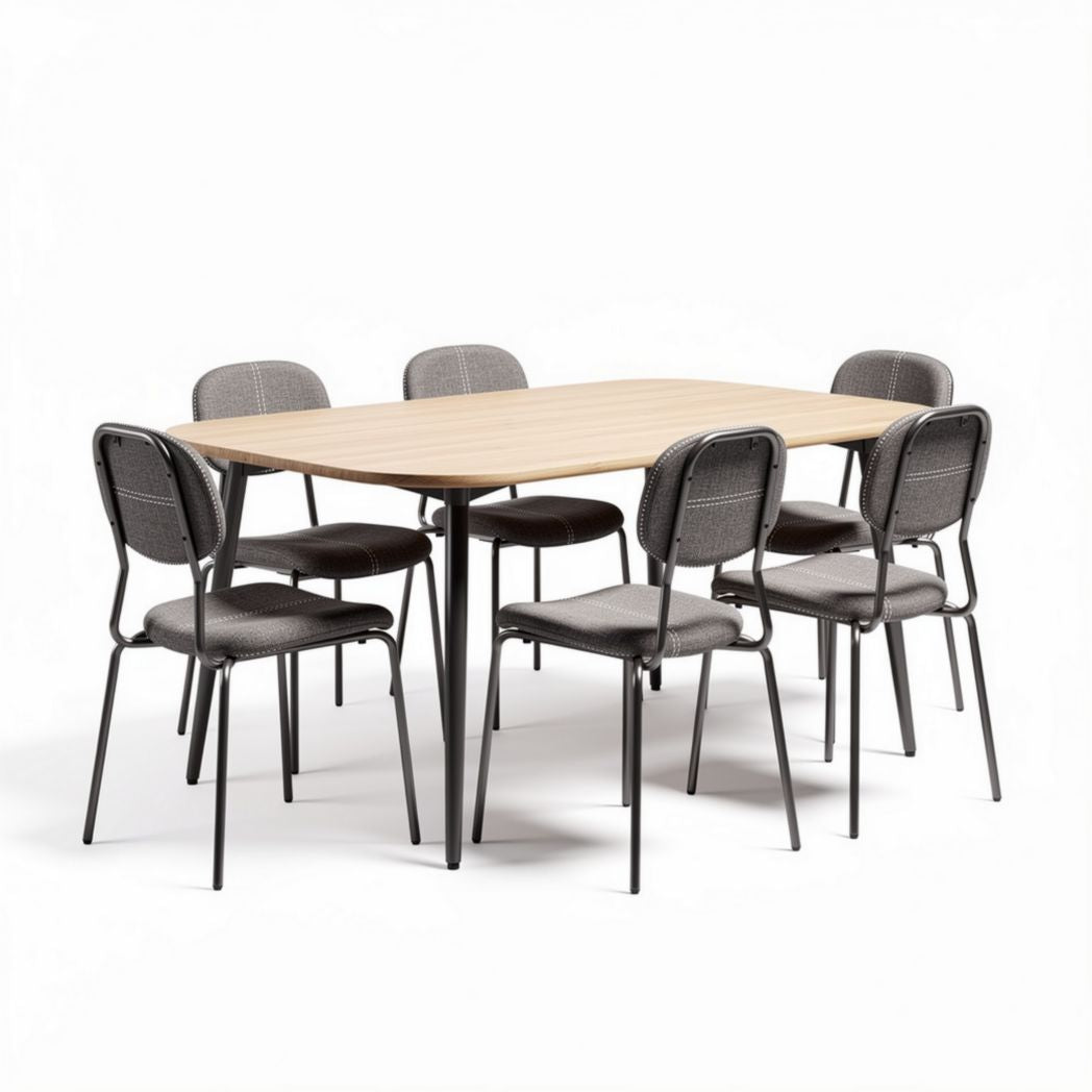 Table rectangulaire en bois avec chaises en métal et tissu gris 200 x 100 x 75cm