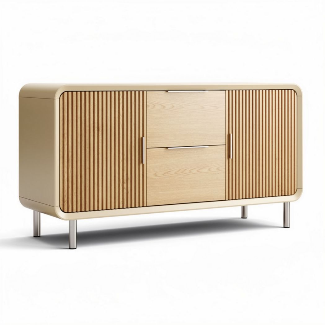 Meuble de rangement en bois clair avec portes et tiroirs 120 x 40 x 70cm