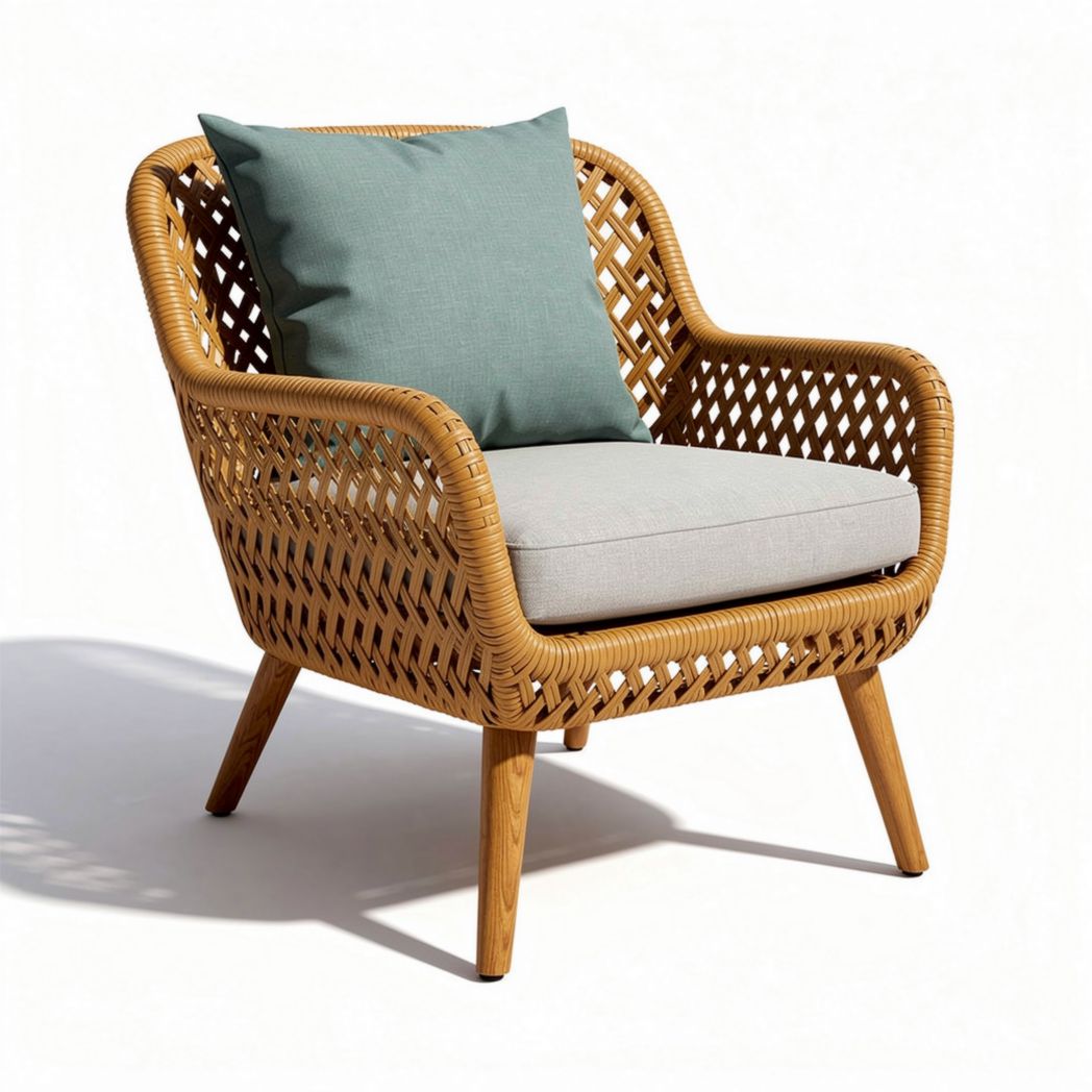 Chaise d'extérieur en rotin avec coussin gris et dossier en paille 80 x 70 x 85cm