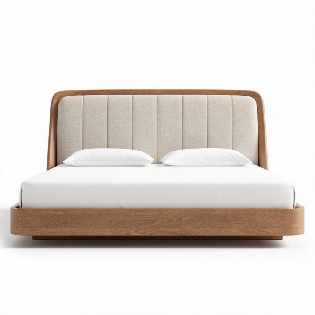 Lit en bois clair avec tête de lit en tissu beige et dimensions 200 x 160 x 100cm