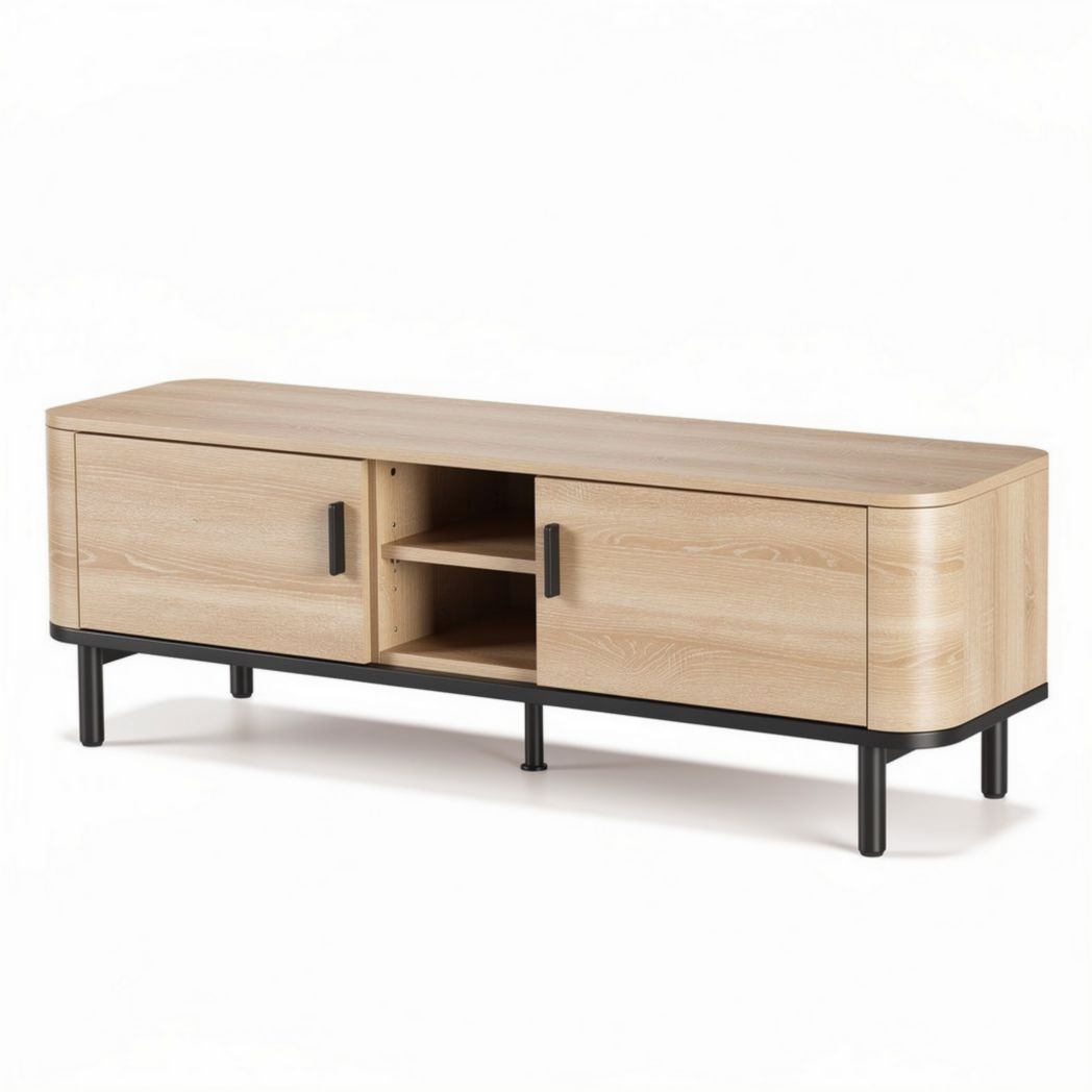Meuble tv en bois clair 150 x 40 x 50cm avec rangement et pieds noirs