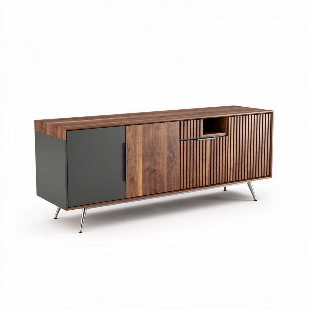 Meuble de rangement en bois de noyer et métal noir 150 x 40 x 60cm
