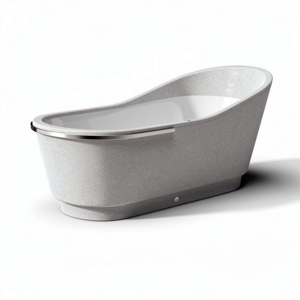 Baignoire en pierre reconstituée couleur gris avec rebord en acier inoxydable 150 x 70 x 55cm