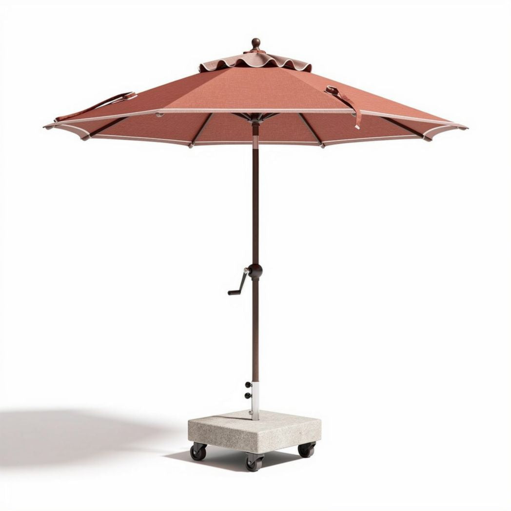 Parasol déporté en toile rouge avec socle en béton et roulettes 200 x 200 x 250cm