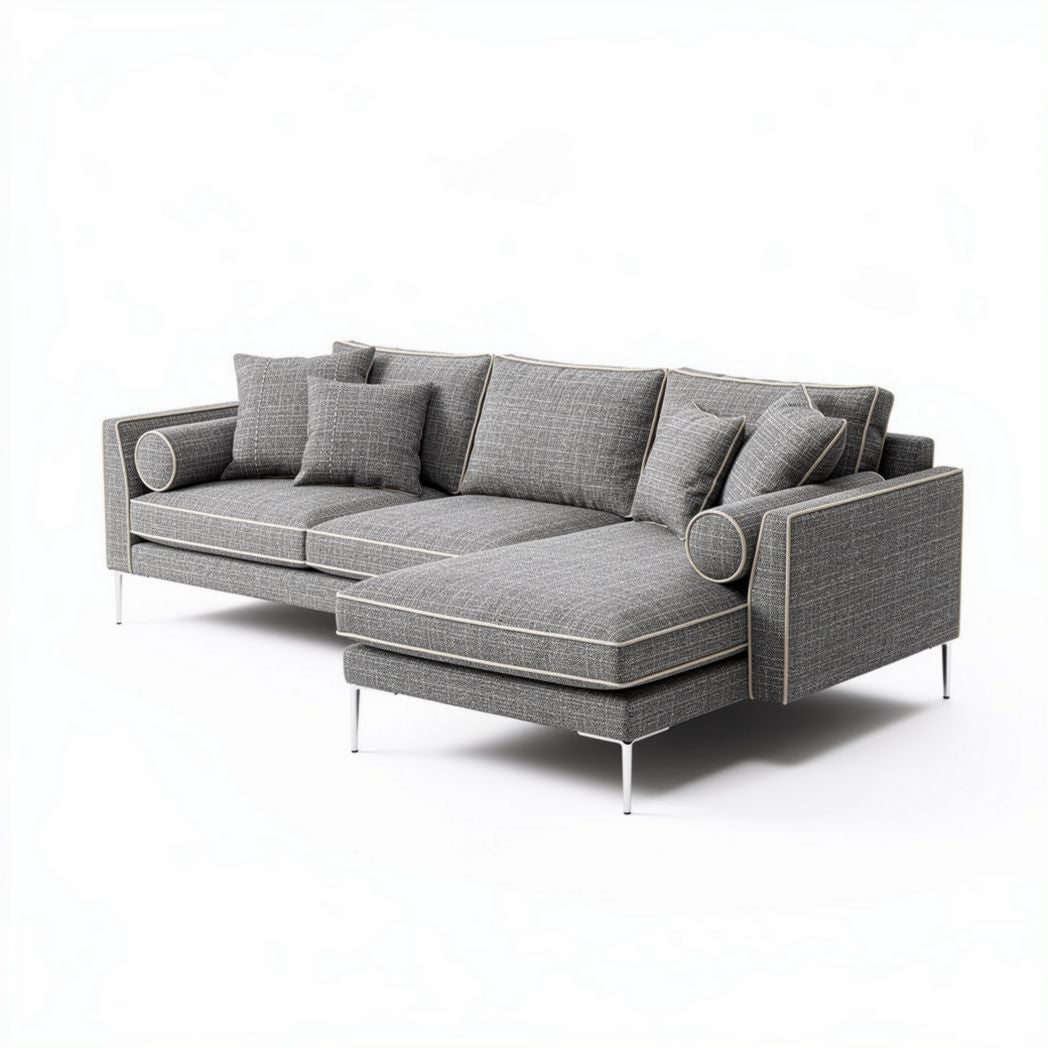 Canapé d'angle en tissu gris avec coussins inclus dimensions 210 x 90 x 75cm